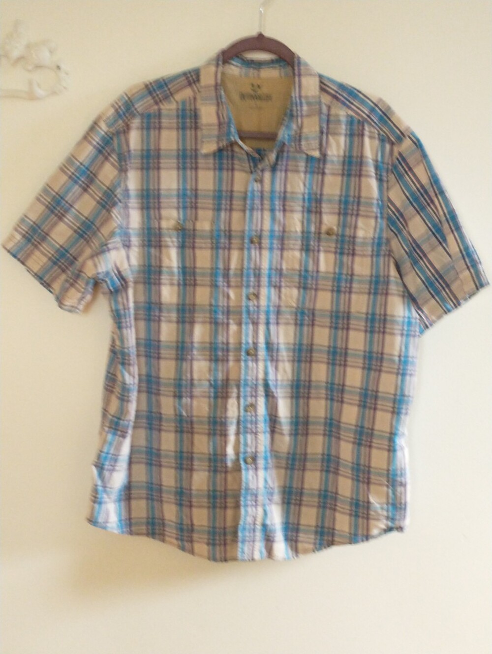 Outdoor Life Cotton Tan & Blue Plaid Short-Sleeve Button-Down Shirt L